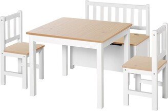 4-Piece Kids Table Set with 2 Wooden Chairs, 1 Storage Bench, and Interesting Modern Design, Natural/White