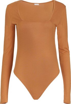 Jersey L/sleeve Square Neck Brief Bodysuit T-shirt Tan