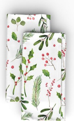 Cloth Napkins: Watercolor Holly & Mistletoe Cloth Napkin, Longleaf Sateen Grand, Multicolor