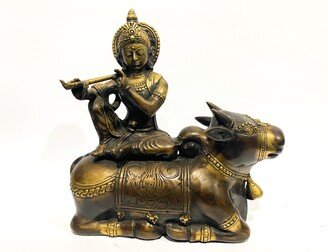 Krishna Statue, Christmas Gift, Flute On Nandi Statue, Nandini Brass Sculpture, Lord Flute Brass, Home Decor