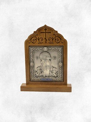 Russian Orthodox Table Icon Of Resurrection Jesus. Silver Plated Copper. Wooden Oak Kiot 5.70