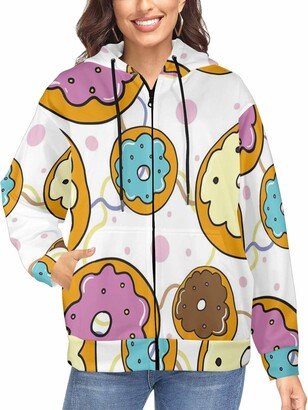 LOSARON Donuts Background In Pastel Colors Women's Zipper Drawstring Hooded Jackets with Thumb Holes Oversized Sweaters with Thumb Holes L