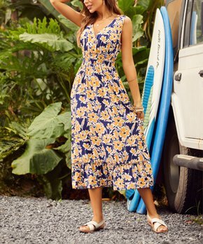 Navy & Yellow Floral Ruffle-Hem Midi Dress - Women & Plus
