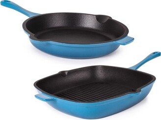 Neo 2Pc Cast Iron Cookware Set, 10 Fry Pan & 11 Grill Pan, Blue