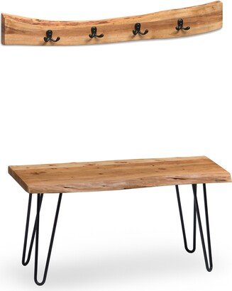 Hairpin Natural Live Edge Bench with Coat Hook Set