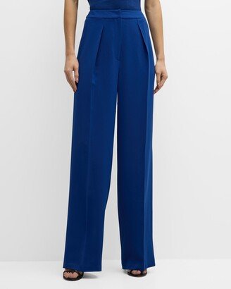 Pleated High-Rise Wide-Leg Twill Chiffon Pants