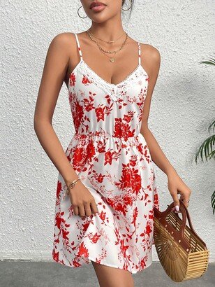 RASNEY Women's Dress Floral Print Guipure Lace Panel Cami Dress - Spaghetti Strap