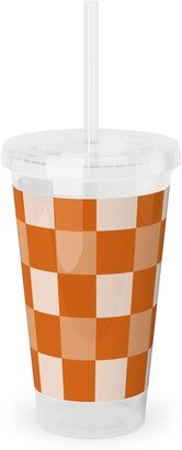 Travel Mugs: Orange Gingham Plaid Acrylic Tumbler With Straw, 16Oz, Orange