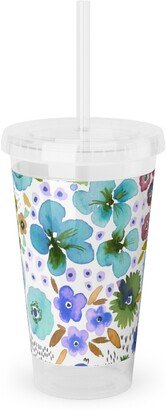 Travel Mugs: Artful Little Flowers - Multi Acrylic Tumbler With Straw, 16Oz, Multicolor