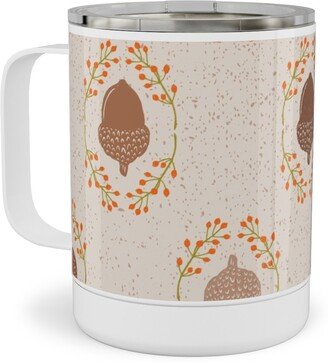 Travel Mugs: Autumn Acorn Rosehip Textured Damask Stainless Steel Mug, 10Oz, Beige