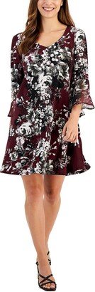 Petites Womens Floral Mini Fit & Flare Dress-AC