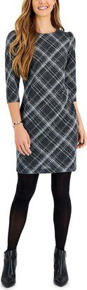 Petites Womens Plaid Mini Sheath Dress