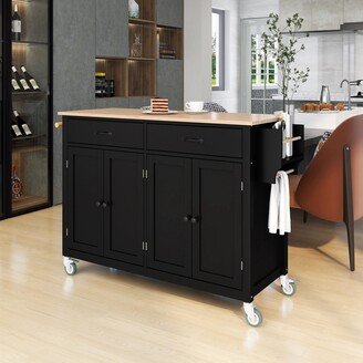 EDWINRAY Kitchen Island Cart with Solid Wood Top & Locking Wheels, 54.3 Inch Width, 4 Door Cabinet & Two Drawers, Spice Rack, Towel Rack