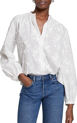 Floral Appliqué Cotton Button-Up Blouse