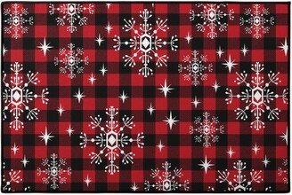 Door Mats: Buffalo Plaid Snowflakes Door Mat, Red