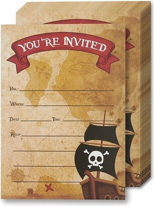 Juvale Pirate Invitation Cards - 24 Fill-in Invites with Envelopes for Kids Birthday Bash and Theme Party, 5 x 7 inches, Postcard Style