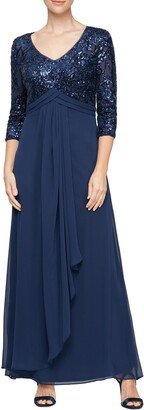 Sequin Three-Quarter Sleeve Evening Gown