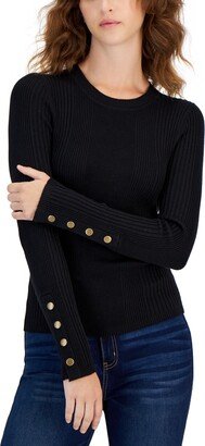 Juniors' Crewneck Button-Sleeve Sweater