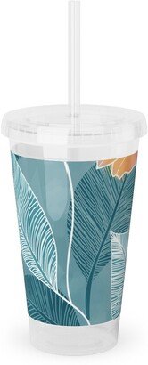 Travel Mugs: Rose Of Sharon - Pink & Blue Acrylic Tumbler With Straw, 16Oz, Blue