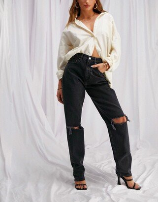 high waist 'slouchy' mom jeans in washed black with rips