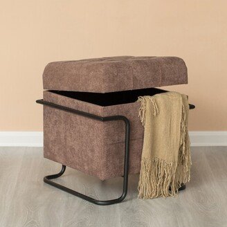 Fabulaxe Square Fabric Storage Ottoman with Black Metal Frame, Brown