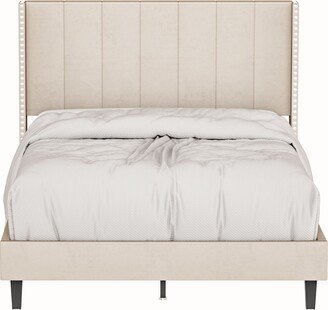 Bed Frame with Headboard, Velvet Upholstered Platform Bed Full with Strong Wooden Slats/Mattress Foundation/Easy Assembly