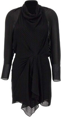 Draped-Neck Pleated Long Sleeve Dress