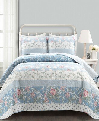 Cottage Core Flower Stripe Oversized Reversible Cotton 3-Piece Quilt Set, Full/Queen