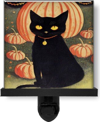 Black Cat With Pumpkins Vintage Style Halloween Art Glass Photo Night Light, Decorative Lights
