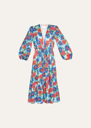 Fiona Painted Dahlia Print Midi Dress