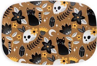 Serving Platters: Black Cat & Floral Skull Serving Platter, Brown