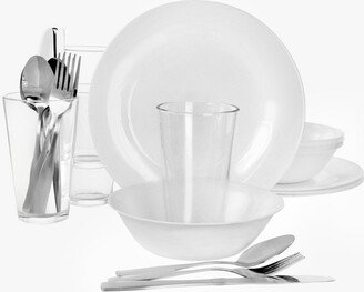 Ultra Angel Silk 24 Piece Opal Glass Dinnerware and Flatware Combo Set in White