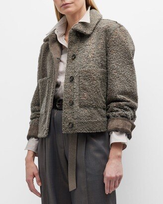 Metallic Curly Lamb Shearling Short Jacket with Monili Detail