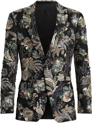 Floral-Jacquard Single-Breasted Blazer