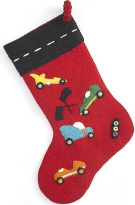 Hand Felted Wool Kids Christmas Stocking - Racecars On Red