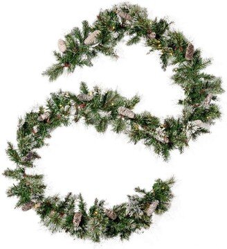 9-Foot Mixed Spruce Pre-Lit Clear LED Artificial Christmas Garland with Snow and Glitter Branches and Frosted Pinecones