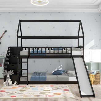 DECO Twin Over Twin Bunk Bed with Drawers and Slide, House Bed with Slide,Espresso