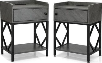 BESTCOSTY Steel and Wood Bedside Tables with Sockets - Gray Set of 2