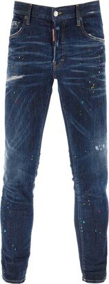 Paint-Splatter Distressed Slim-Cut Jeans