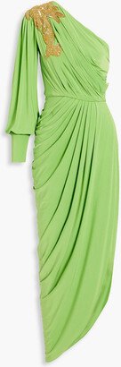 One-shoulder embellished draped cady gown