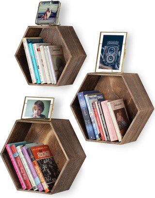 Wall Mount Hexagon Wooden Box Shelf Varying Sizes - Pack of 3