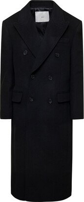 Dunst Long Black Double-breasted Coat With Peak Revers In Wool Woman