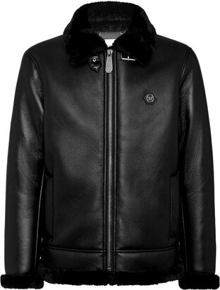 Logo-Patch Faux-Leather Bomber Jacket