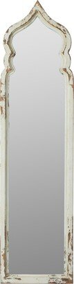 73 Inch Floor Mirror with Ornate Sculpted Top, Fir Wood, Weathered White