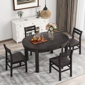 YC Farmhouse 5-Piece Extendable Round Dining Table Set with Storage Drawers and 4 Dining Chairs