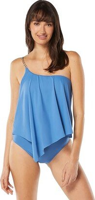 Signature Solids Logo Chain One Shoulder Tankini Top (Tide Blue) Women's Swimwear