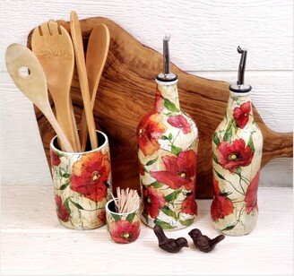 New Item Watercolor Red Poppy Up-Cycled Bottle Kitchen Accessory | 25.4 Oz Oil Cruet Utensil/Toothpick Holder Hand Soap Dispenser