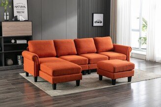 RASOO 108.66 Modern Linen Upholstered U-Shape Sectional Sofa with Foam Seat Fill-AB