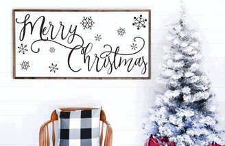 Merry Christmas, Snowflakes, Wood Framed Modern Farmhouse Christmas Sign