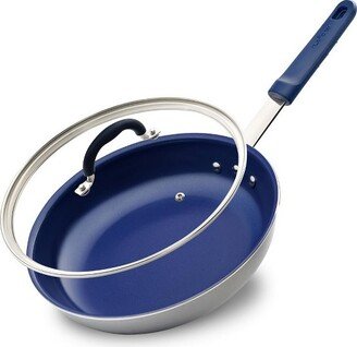 12 Fry Pan With Lid - Large Skillet Nonstick Frying Pan with Silicone Handle, Ceramic Coating, Blue Silicone Handle